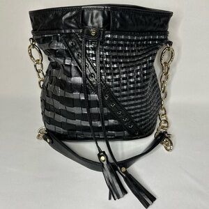 Diane Von Furstenberg Metalic Black Silver Woven Leather Drawstring Bucket Bag